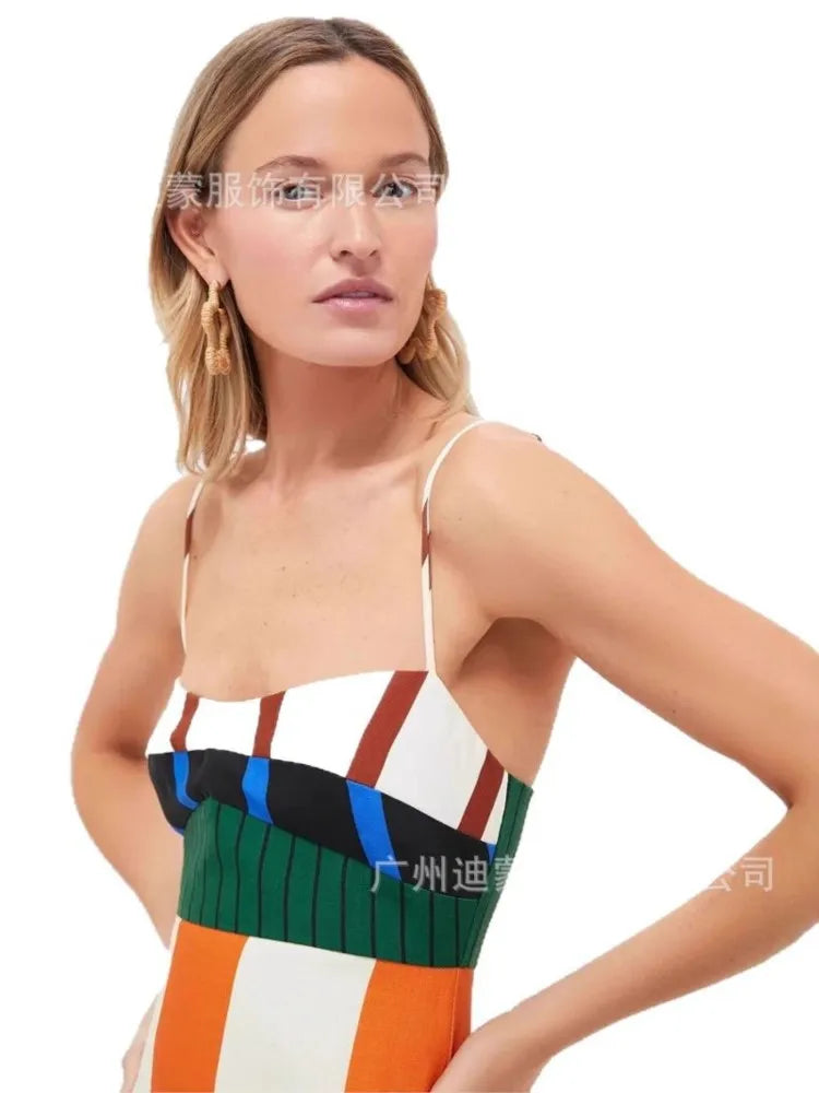 🍒 Colourful High waist maxi  striped dress fashion smart casual elegant party occasion wear long outfit women spaghetti strap bohemian summer fashion wear Their Will Be Double Takes With This Four Stripes