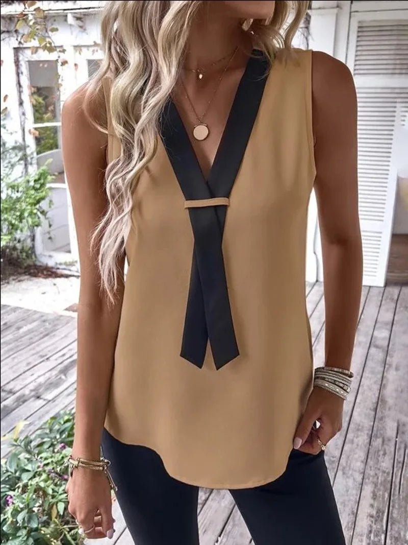 🍒Sleeveless v-neck tank top women casual blouses shirts for  summer ladies office wear occasion tops and blouses OPEN Up Your TIE Fashion