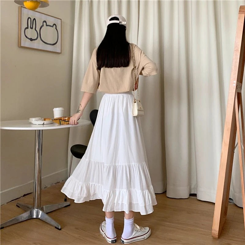 🍒 Tiered skirt with elastic waist band women's white a-line tiered skirt outfit summer clothing chic smart casual fashion elegant office wear for ladies Crisp Wispy Gypsy