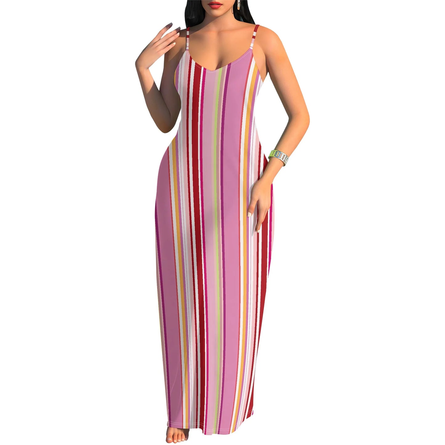 🍒Striped spaghetti strap maxi dress for holiday watercolor green & white pattern summer beach clothes for women plus size clothing S-3XL Five Stripes And Your Out-fitted