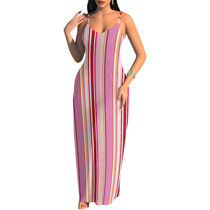 🍒Striped spaghetti strap maxi dress for holiday watercolor green & white pattern summer beach clothes for women plus size clothing S-3XL Five Stripes And Your Out-fitted
