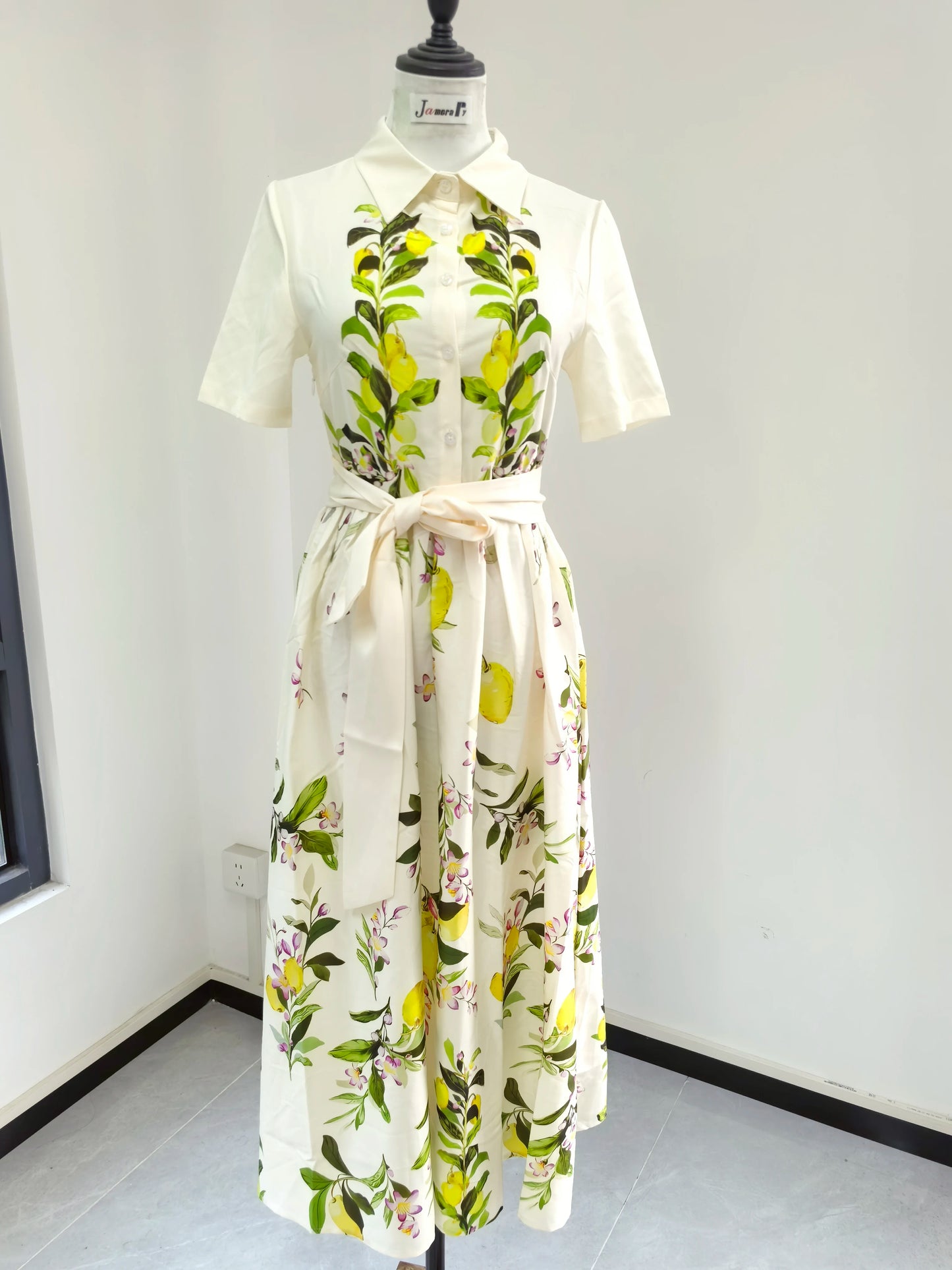 🍒Fashion midi dress shirt summer women bohemian short sleeve floral outfit lemon print sundress belted elegant long dress smart casual clothes