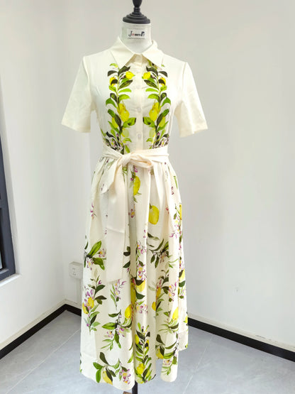 🍒Fashion midi dress shirt summer women bohemian short sleeve floral outfit lemon print sundress belted elegant long dress smart casual clothes