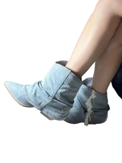 🍒Pointy toe ankle boots blue denim canvas shoes casual cloth booties for women comfortable western boots Cool Cowboy