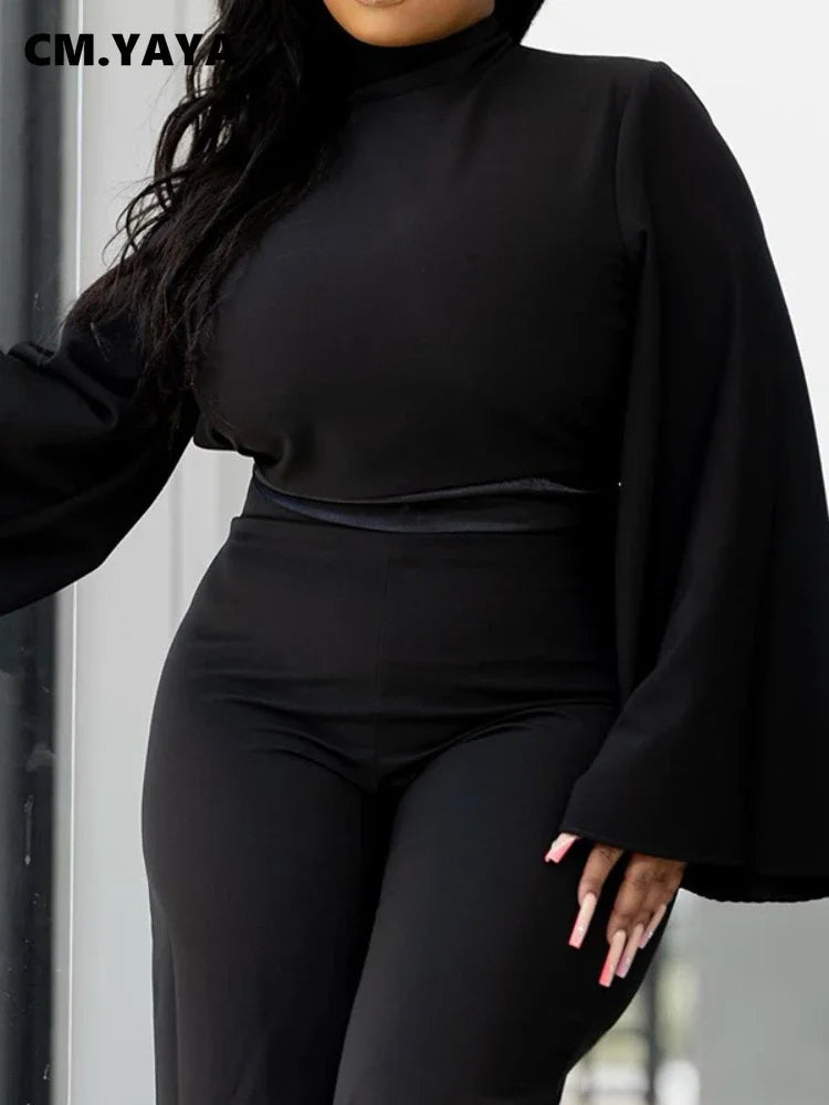 🍒Fashion women set flare long sleeve top stand collar blouse  and wide leg pants two piece sets outfits with trousers smart casual clothing Jack Up Black