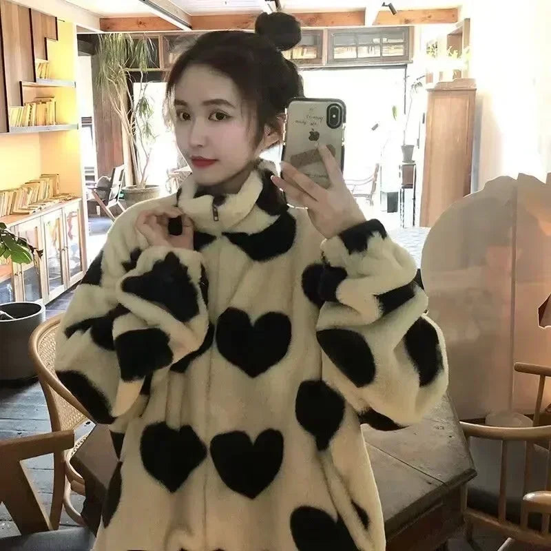 🍒Fashion Stand-up Collar OutwearFaux lambswool fur jacket women's warm coat autumn winter outerwear for women heart print stand collar coat Ya Hearts Printed On This