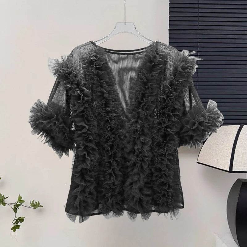 🍒 Mesh ruffle blouse solid color spring summer shirts women elegant fancy occasion tops sweet party fashion vintage clothing v- neck Fluff up In A Ruffy Fluffy
