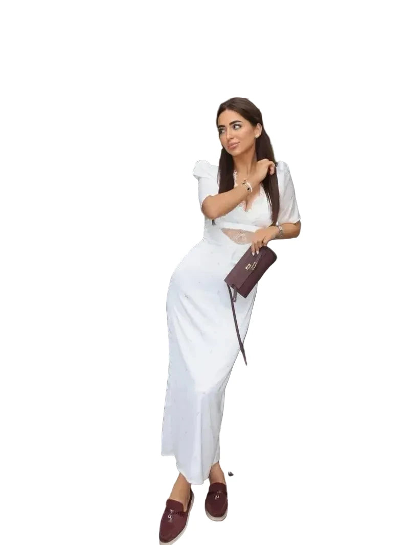 🍒Lace long dress for women short sleeve maxi dress lace insert party outfit mix media fashion wear occasion wear Pose In Rose