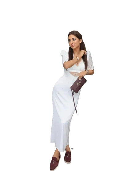 🍒Lace long dress for women short sleeve maxi dress lace insert party outfit mix media fashion wear occasion wear Pose In Rose