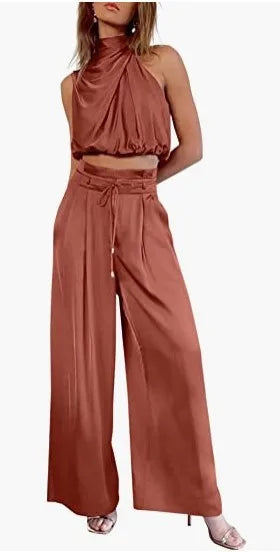 🍒Two piece pant sets for women open navel outfit silky sleeveless tops and wide leg trousers smart casual clothing summer fashion wear club wear party occasion wear 2 piece Sets pop this CROP and get SET for WIDE approval