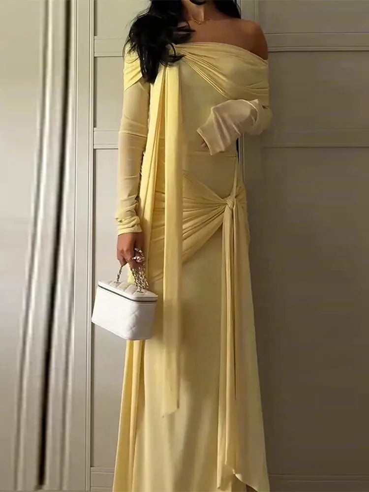 🍒Solid pleated off shoulder maxi dress elegant summer clothes women long sleeve party dress chic occasion wear Get Sun Drenched