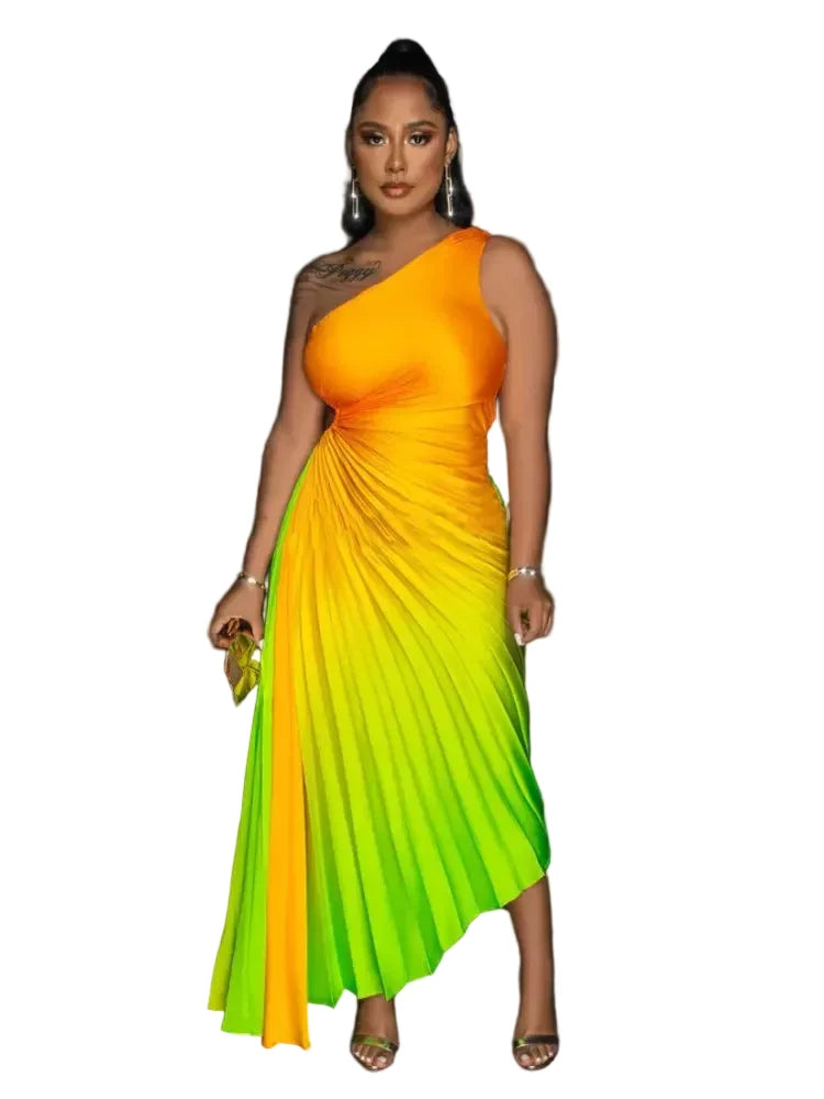🍒One shoulder midi multicolour gradient printed dress pleated roll waist irregular hem maxi dress big sundial style midaxi outfit Sweet Summer Sundial