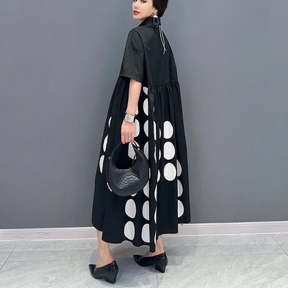 🍒Large polka dot printed dress black and white long shirt dress loose fit plus size fashion chic smart casual wear women Say Yes To Dominos