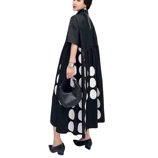 🍒Large polka dot printed dress black and white long shirt dress loose fit plus size fashion chic smart casual wear women Say Yes To Dominos