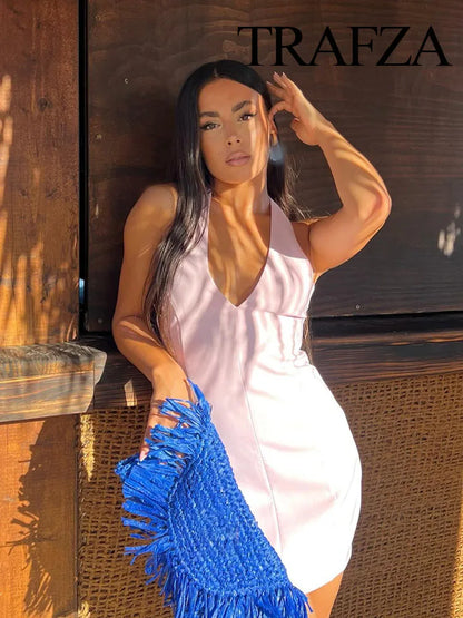 🍒Fashion dress solid v-neck solid mini dress sleeveless backless for women female fashion summer wear beach wear style