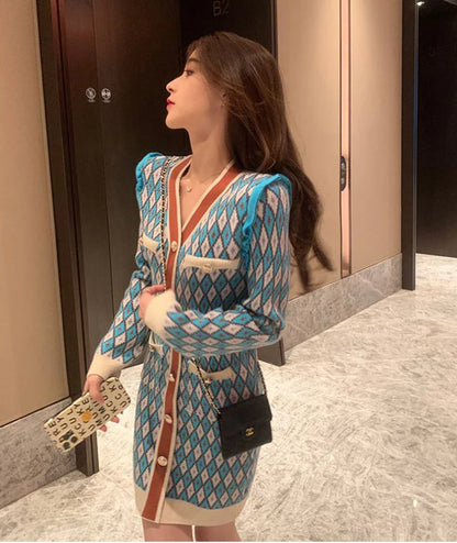 🍒Knitted dress for women v- neck autumn winter fashion french style clothing smart casual female outfit women diamond checkered clothing Playout Plaids