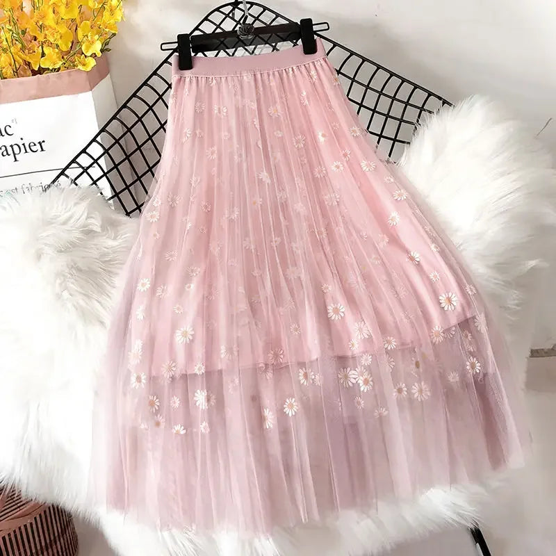 🍒Sweet girl skirt women"s feminine fashion smart casual clothing floral summer wear mesh midi  classy all match elegant stylish charm occasion wear Net This Mesh