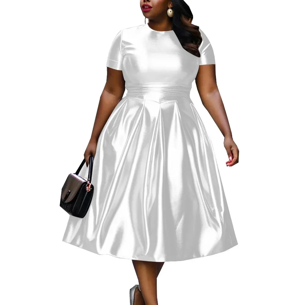🍒A-line shiny dress metallic short sleeve midi for women plus size outfit fit and flare elastic dress smart casual clothing Summer Stunner