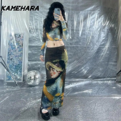 🍒High waisted mesh skirt gauze and matching print top fashion wear for women slim fit bodycon feminine clothing smart casual wear women streetwear female oil painting long sleeve tee and ruffle edge long skirt set Face The Day With Cool clothes