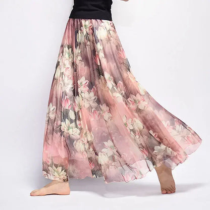 🍒Vintage bohemian long skirt full elegant chiffon fashion beach wear smart casual women high waist maxi skirt outfit summer Clothing Fill Your Basket With Roses