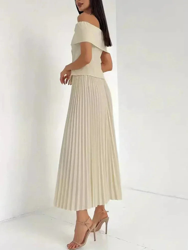 🍒Fashion two piece outfits with long pleated skirts maxi fashion and Off-shoulder top matching sets neutral clothing for women party formal wear party occasion wear Cool off with Ice Cream