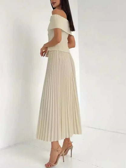 🍒Fashion two piece outfits with long pleated skirts maxi fashion and Off-shoulder top matching sets neutral clothing for women party formal wear party occasion wear Cool off with Ice Cream