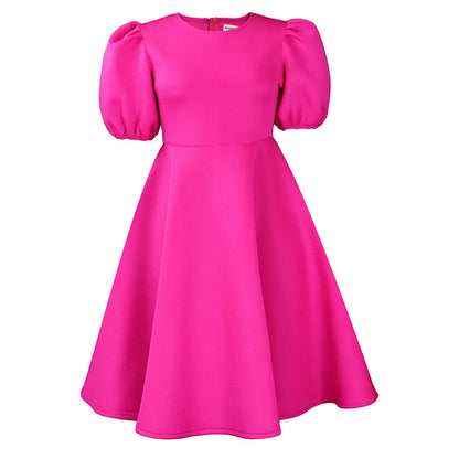 🍒Elegant dresses for woman o neck short sleeve outfit for birthday party high waisted pleated puff sleeves female fashion wear occasion wear evening party wear mid calf luxury B'day Bopper Beauty Babe
