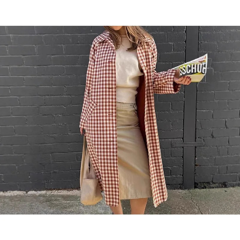 🍒Women plaid long coat check long sleeve fashion chic lapel single brested jacket loose with pockets daily commuter streetwear outerwear Bounce Check