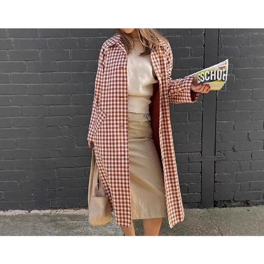 🍒Women plaid long coat check long sleeve fashion chic lapel single brested jacket loose with pockets daily commuter streetwear outerwear Bounce Check