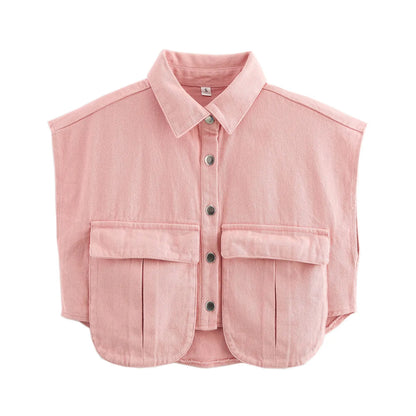 🍒Women's summer cropped shirt sleeveless blouse top ladies elegant with large pockets vintage style chic casual solid summer clothing high end cardigan denim top Pocket This Crop