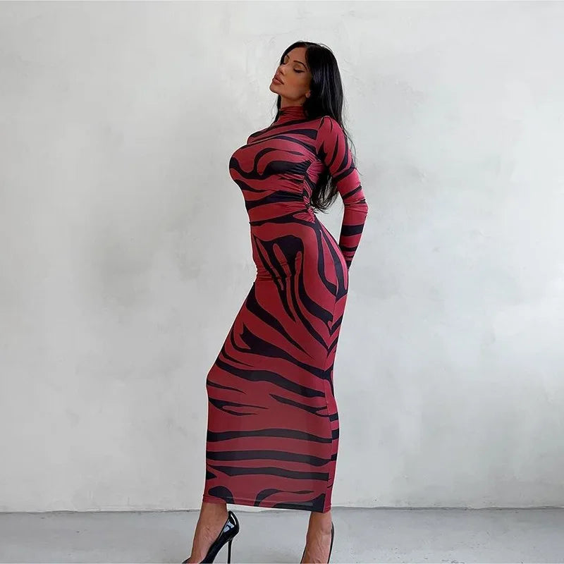 🍒Red striped long dress womens bodycon turtle neck zebra print mesh outfit clubwear party occasion wear clothing                       Catwalk Your Tiger