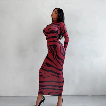 🍒Red striped long dress womens bodycon turtle neck zebra print mesh outfit clubwear party occasion wear clothing                       Catwalk Your Tiger