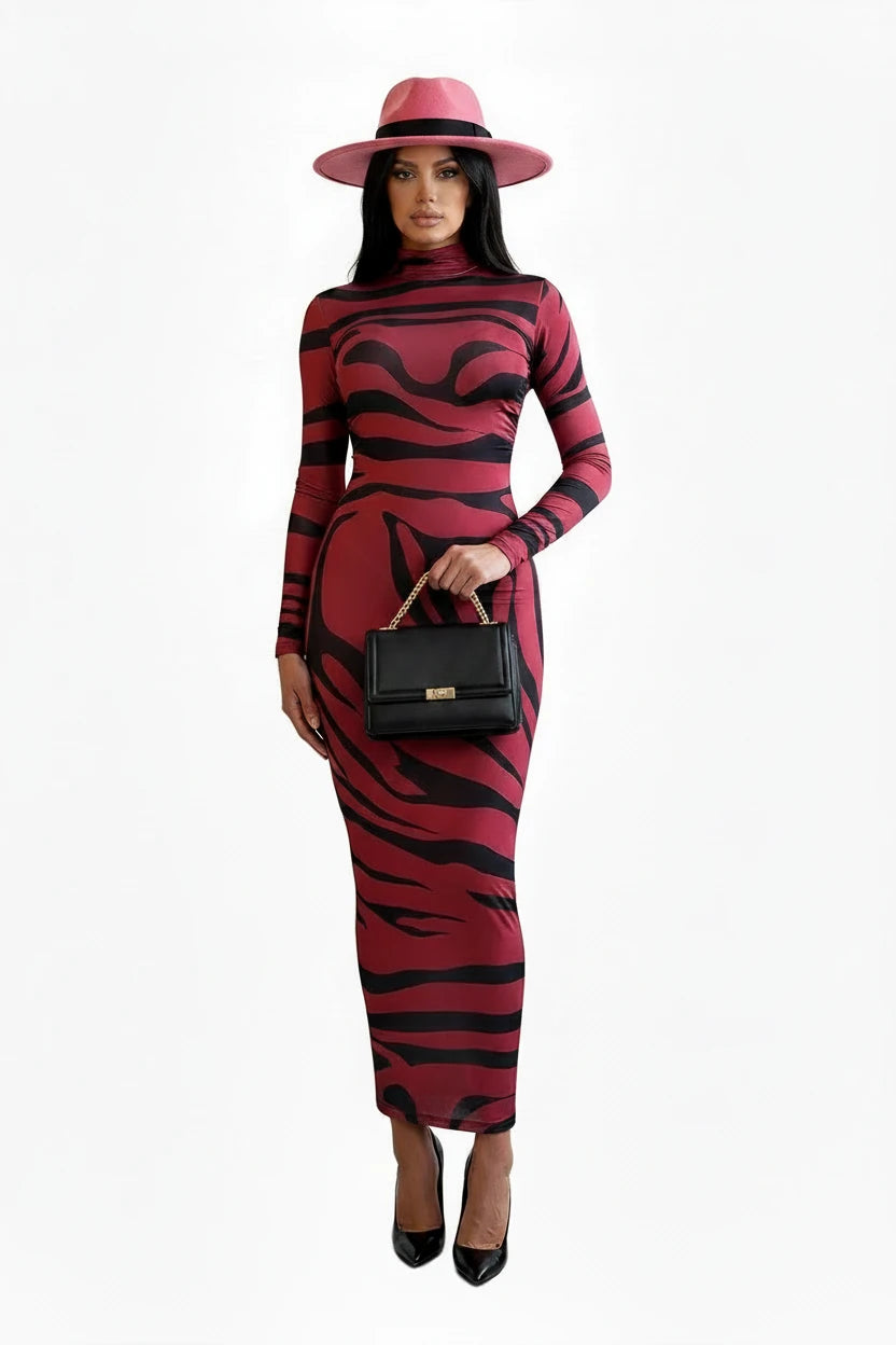 🍒Red striped long dress womens bodycon turtle neck zebra print mesh outfit clubwear party occasion wear clothing                       Catwalk Your Tiger