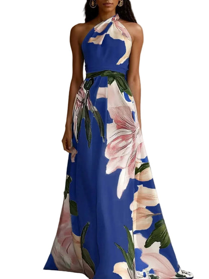 🍒Party vacation dress maxi floral fashion printed long outfit catwalk sleeveless party backless european and american occasion clothing Floor Them With A Floor Floral