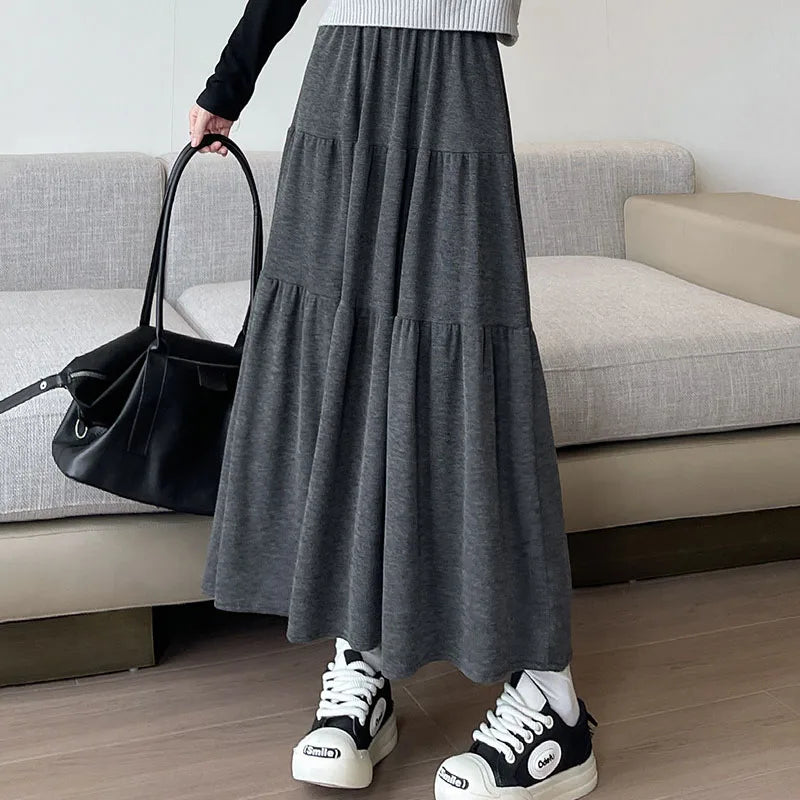 🍒Women's knitted skirts high waisted long loose soft a-line fashion tiered midi skirt outfit casual preppy style clothing  Ease Into Jersey