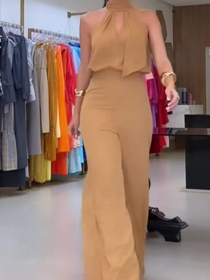 🍒Womens two piece sets lomg  pants and top round neck sleeveless set solid casual hollow out tank and wide leg long pants elegant occasion party wear Top Trouser Top Shop