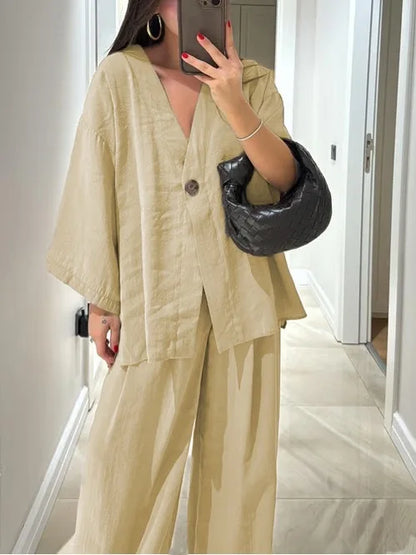 🍒Casual trouser suit for women elegant long sleeve outfit single colour wide leg pants and jacket   set spring summer fashion loose two-piece Partying Pjs