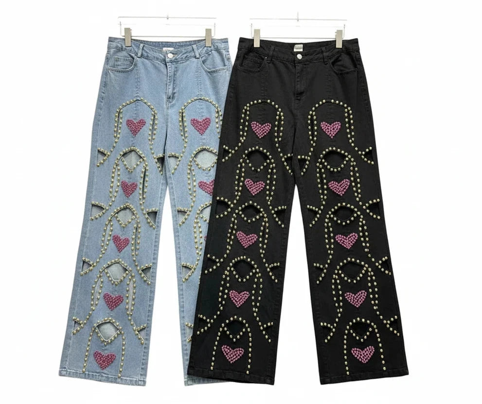🍒Red diamond jeans embellished hollow heart Jeans for women loose wide leg denim trousers cool pants with rivets wHOLE HEARTedly made for you