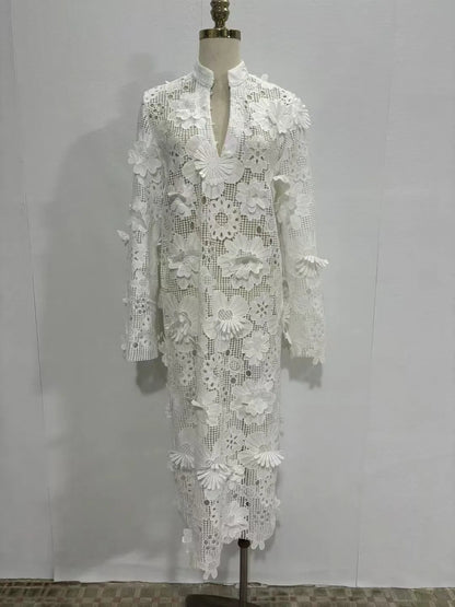 🍒Women's lace dress 3d flowers long sleeve maxi womens occasion wear wedding guest outfit autumn party wear Fem Fleur Fresh Fashion