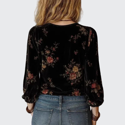 🍒Velvet printed top retro pullover top women's vintage blouse v-neck black long sleeved shirt women gold vacation clothing  Pick This Soft Velvet Rose