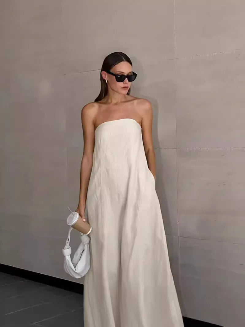 🍒French cotton dresses linen holiday clothes strapless outfits high waist backless summer clothing long dress for women maxi fashion Ladies Line Up For Your linen