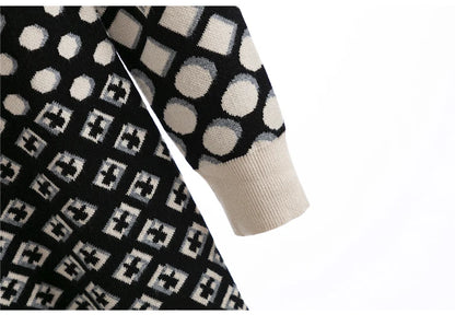 🍒Vintage knitted dress long sleeve mini o-neck autumn/winter Jacquard a-line outfits slim fit smart casual womens clothing breathable viscose Value Vintage