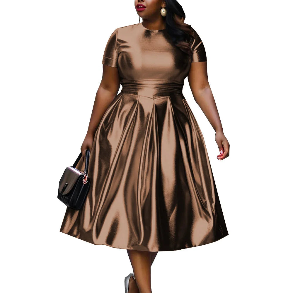 🍒A-line shiny dress metallic short sleeve midi for women plus size outfit fit and flare elastic dress smart casual clothing Summer Stunner