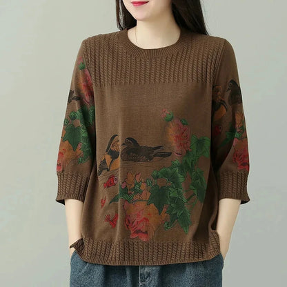 🍒Vintage print pullover loose And versatile knitted sweater women womens spring and summer tops  3/4 sleeve cotton autumn clothing Jump-er On The Flower Tree Top