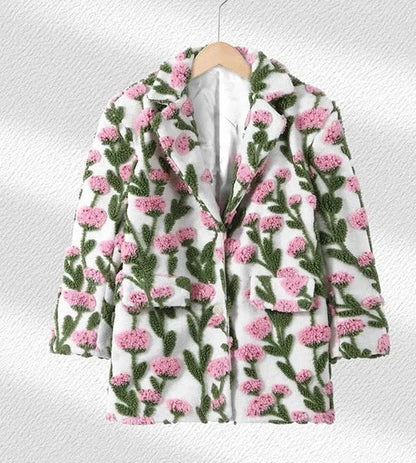 🍒Flower fleece jacket woman loose lapel long sleeve coat single breasted casual coat unique 3D floral outerwear clothing  Floral Fashion Fun Fleece