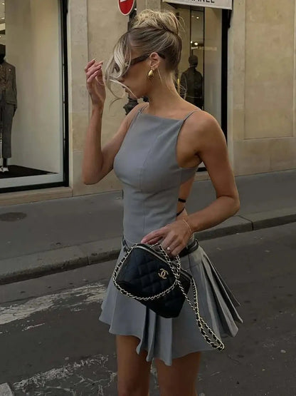 🍒Women's pleated mini dress backless square neck design with belts spaghetti straps low waist solid colour summer chic clothes party occasion wear Bag A Bargin Backless