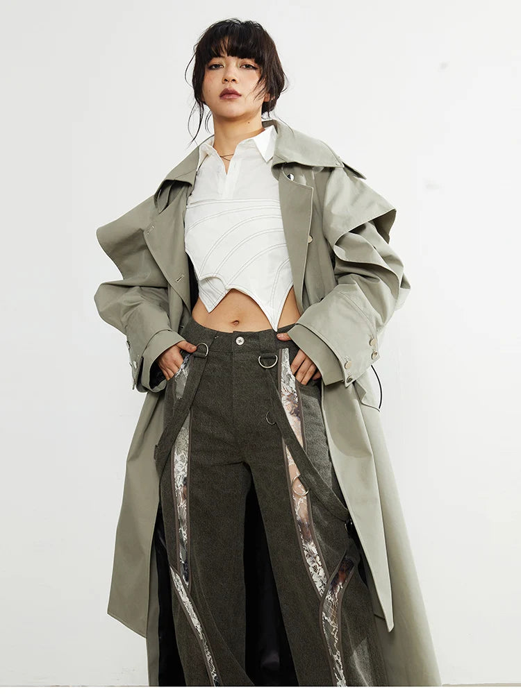 🍒Long oversized trench coat elegant ruffled outerwear for women double breasted luxury designer overcoat runway fashion  Trendy Travel Trench Classic Comfort