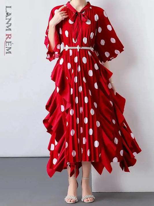 🍒Dress with polka dots simple pleats and ruffled edges summer outfit looks long loose fit smart primted casual wear loose Fit clothing and Slimming Effect  party occasion clothing Lucky You Spotted this Spot