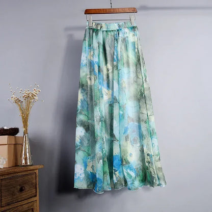 🍒Vintage bohemian long skirt full elegant chiffon fashion beach wear smart casual women high waist maxi skirt outfit summer Clothing Fill Your Basket With Roses