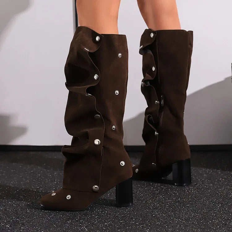 🍒Denim boots for Women blue multi snap-fastener pleated shoes with zip wide calf length boots winter footwear Cute Cowboy